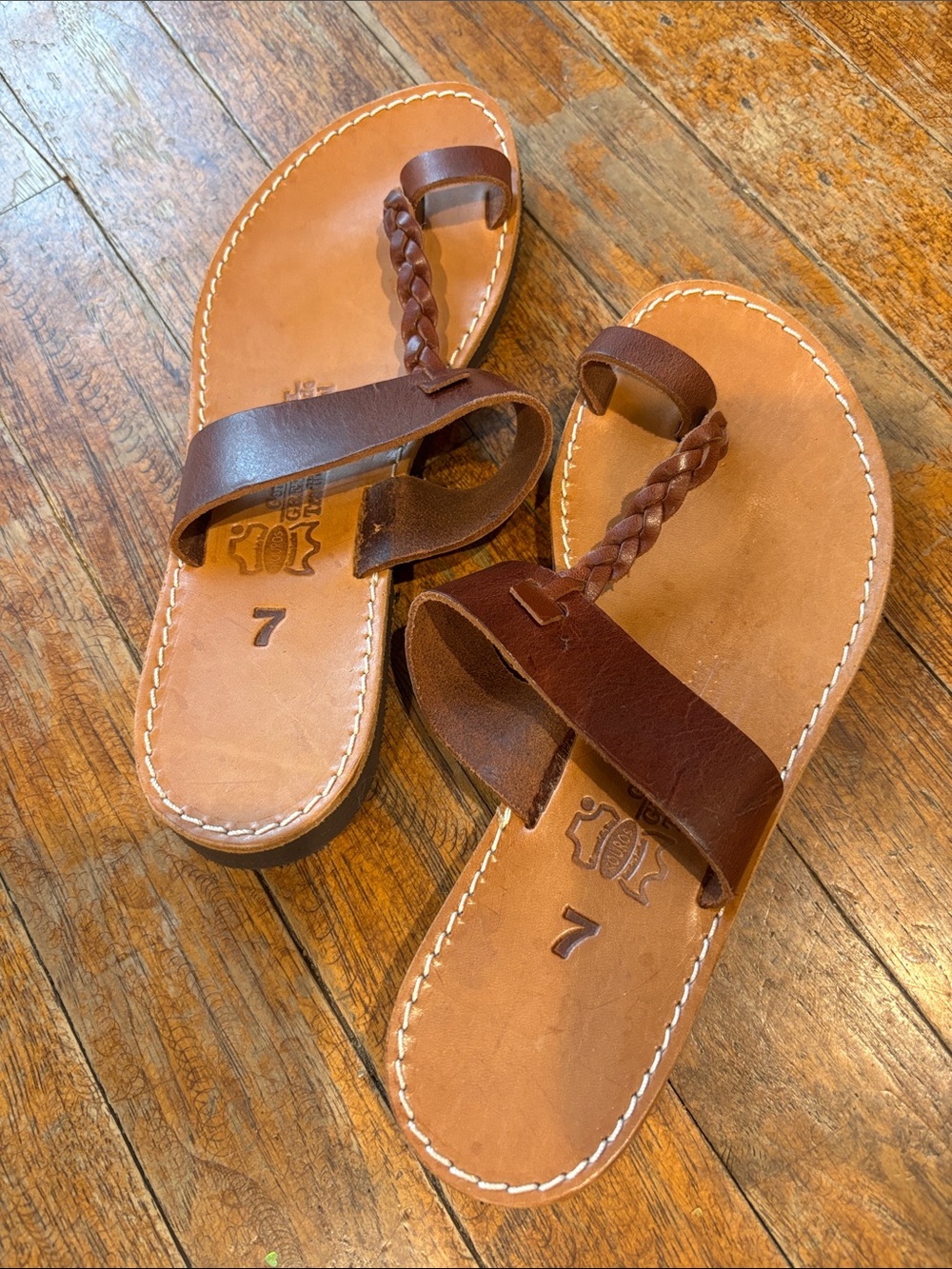 Kouros Women's Brown Braided Toe-Loop Leather Greek Sandals - Size 7